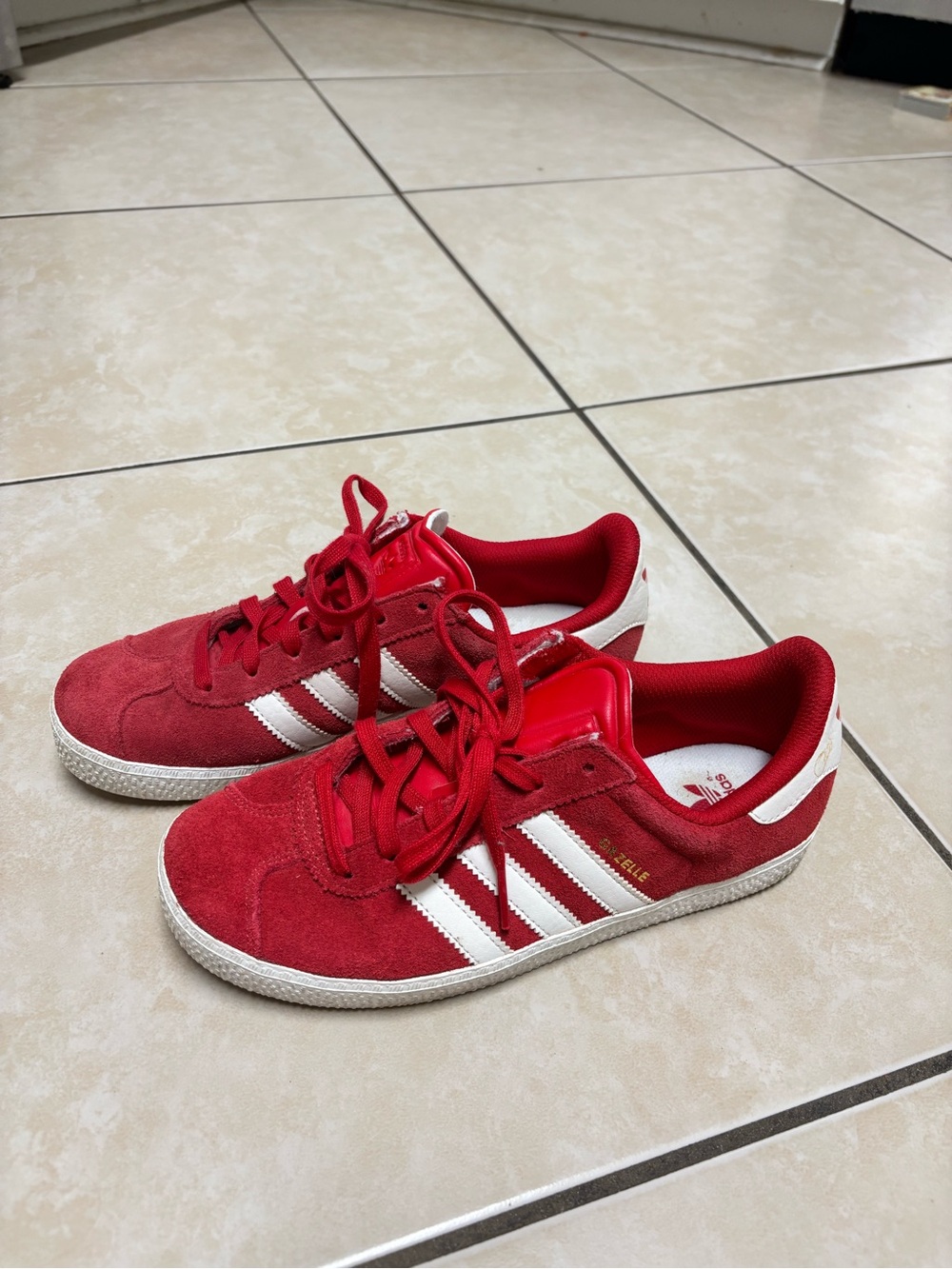 Adidas Gazelle red sneakers with white stripes men’s size 4.5 women’s 6